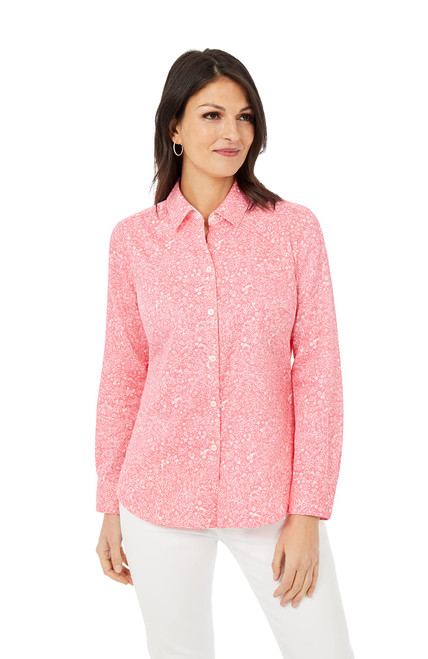 Foxcroft Women's Plus Size AVA Long Sleeve Garden Party Blouse, Coral Sunset