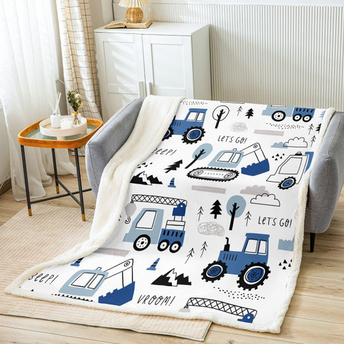 Feelyou Construction Fleece Throw Blanket for Girls Boys Kids Twin 60"x80" Cartoon Car Excavator Tractor Plush Blanket Equipment Trucks Sherpa Blanket Blue Theme Fuzzy Blanket