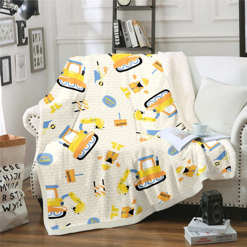 Feelyou Cartoon Construction Excavator Fleece Throw Blanket Cute Excavator Sherpa Blanket for Kids Boys Vehicles Truck Car Plush Blanket Tractor Fuzzy Blanket for Sofa Bed Couch,Twin 60x80 Inches