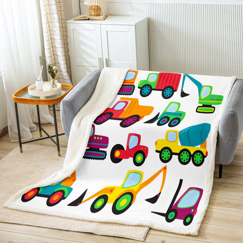 jejeloiu Boys Cartoon Construction Plush Blanket Excavator Fleece Throw Blanket for Kids Boys Girls Vehicles Truck Car Sherpa Blanket Tractor Fuzzy Blanket for Sofa Bed Couch,Queen 90x90 Inches