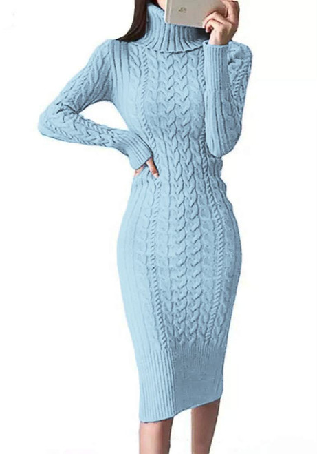 Fangetey Womens Long Sleeve Turtleneck Sweater Dresses Knitted Bodycon Midi Sheath Jumper Dresses Blue