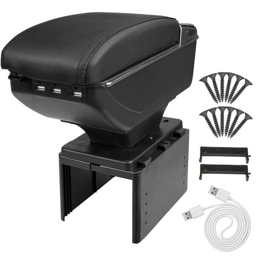 Htostar Racing Universal Car Armrest Box with Double Layer Storage, Black Leather and USB Charging Ports