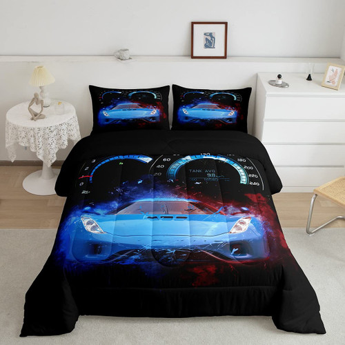 Feelyou Race Car Comforter Set Teens Men Speed Sports Car Bedding Set for Kids Boys Girls Extreme Sports Theme Comforter Blue Automobile Decor Quilt Set Room Decor 2Pcs Twin Size