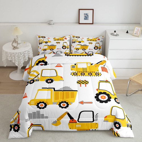Feelyou Cartoon Car Comforter Set Kids Construction Comforter for Boys Equipment Trucks Bedding Set Breathable Cartoon Yellow Car Excavator Tractor Duvet Set Room Decor Quilt Set Twin Size