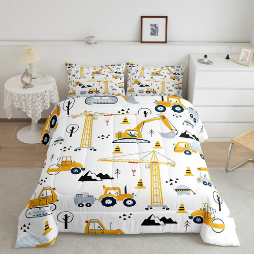 Feelyou Yellow Tractor Excavator Comforter Set Twin, Cartoon Car Comforter Set for Kids Construction Car Comforter Machinery Truck Duvet Set Microfiber Quilt Set 2Pcs