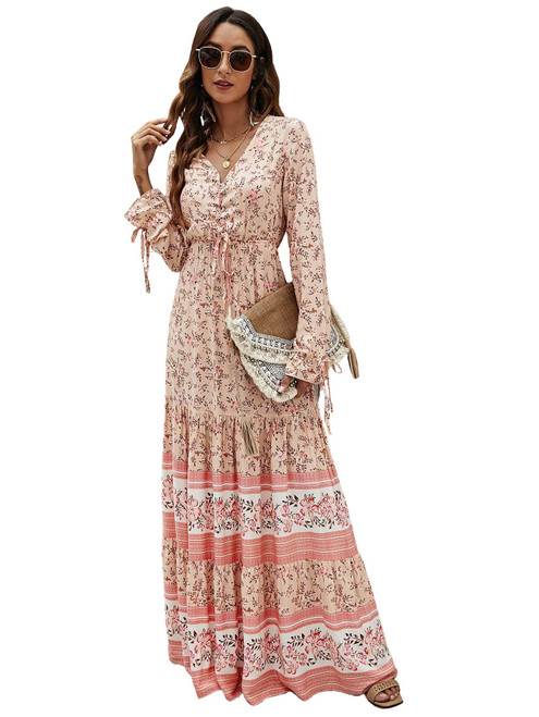 Floerns Women's Floral Print Boho V Neck Long Sleeve Flowy Maxi Dress Apricot M