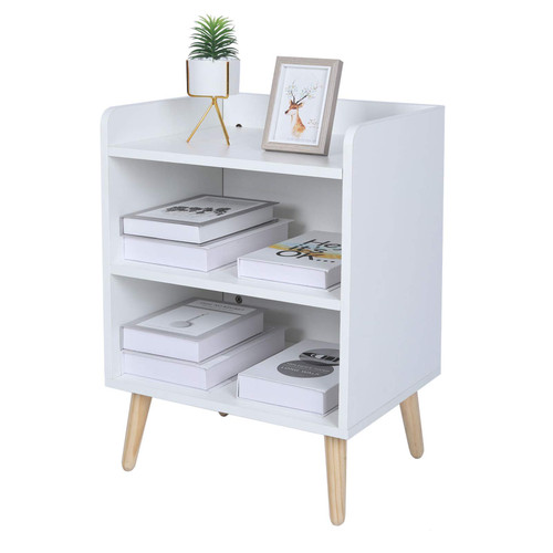 TINSAWOOD Nightstand, End Table 3-Tier with Open Compartment, Wooden Accent Side Table with Solid Wood Leg, White