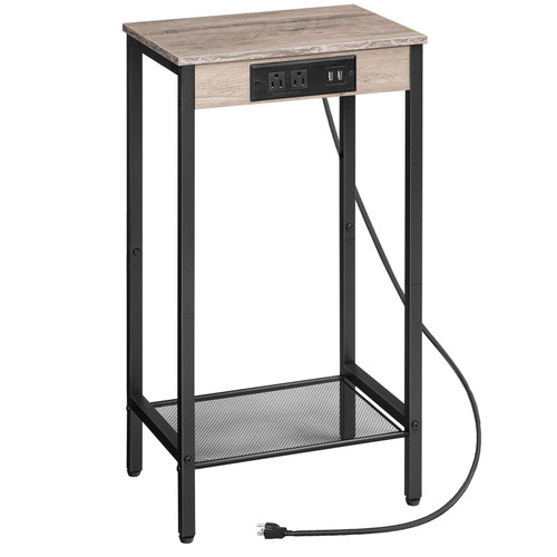 HOOBRO Tall Side Table with Charging Station, Industrial End Telephone Table with Mesh Shelf, Small Entryway Table, Slim Nightstand for Living Room, Hallway, Bedroom, Greige and Black BG08UDH01