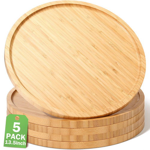 Meanplan 5 Pcs Bamboo Serving Tray Round Bamboo Tray Round Wood Plates Wooden Serving Platter Charcuterie Serving Board with Rim for Kitchen Counter Home Dinning Coffee Table Fruit Pot (13.5 Inch)