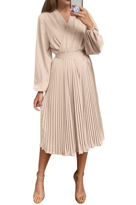 PRETTYGARDEN Women's Fall Midi Dress Long Puff Sleeve Wrap V Neck Flowy Ruffle Pleated Casual Dresses (Apricot,Small)