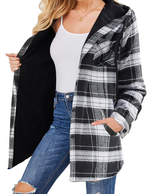 HOTOUCH Womens Winter Coats with Hood Fleece Lined Flannel Jacket Casual Winter Blouses Long Button Down Shirt Winter Black and White XL