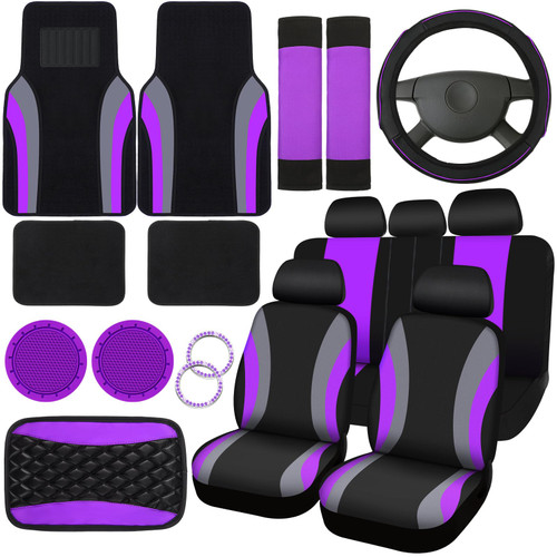 Fabbay 21 Pcs Car Seat Covers Full Set Car Floor Mats Steering Wheel Cover Armrest Cover Seat Belt Pad Seatbelt Covers Cup Mats Car Emblem Ring Sticker for Sedans Trucks SUV (Black, Purple)