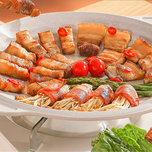 Korean Style BBQ Grill Pan, ,Nonstick Round Griddle Grill Pan,Non Stick Barbecue Grill Pan White 12.6 in Grill Plate for Induction Cooker for Home, Camping and Outdoor Griddle