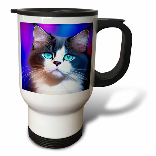 3dRose Gray and white Ragdoll cat portrait. Blue, purple background - Travel Mugs (tm-378741-1) 3dRose Gray and white Ragdoll cat portrait. Blue, purple background - Travel Mugs (tm-378741-1)