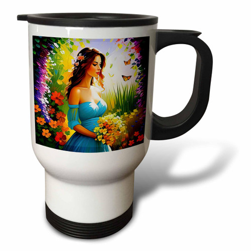 3dRose Incredible young lady in blue with a bunch of flowers in the... - Travel Mugs (tm-379065-1) 3dRose Incredible young lady in blue with a bunch of flowers in the... - Travel Mugs (tm-379065-1)
