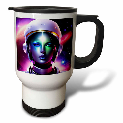 3dRose Lovely woman astronaut in space helmet. Magic light, purple color - Travel Mugs (tm-378776-1)
