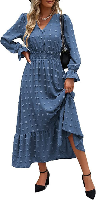 MASCOMODA Women Boho Maxi Dress 2023 Long Sleeve V Neck Swiss Dot Smocked High Waisted Button A-Line Ruffle Tiered Fall Long Dress(X-Large, Blue)