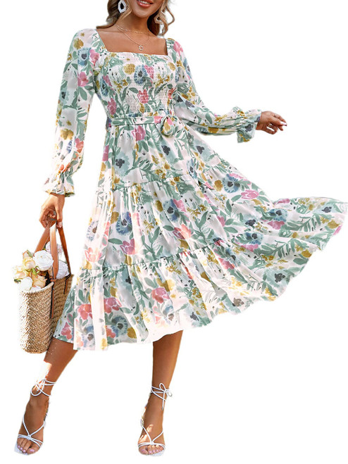 Amegoya Women's Boho Flowy Long Sleeve Spring Dress Smocked Square Neck Tiered Midi Dress(A-Floral M)