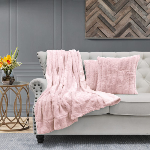 Home Soft Things Rabbit Faux Fur Throw with 2 Pillow Shell Combo Set, Peach Echo, 60" x 80", (BOON)