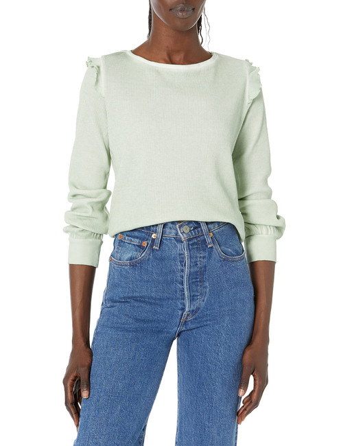NIC+ZOE Women's LS Waffle Ruffle TEE, Green Spray, XS