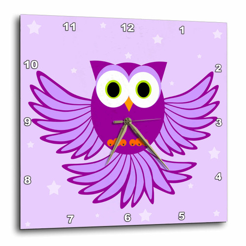3dRose DPP_20374_1 Cute Purple Flying Owl Under Stars Wall Clock, 10 by 10-Inch