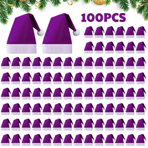 Liitrsh 100 Pcs Christmas Santa Hats for Adults Non Woven Fabric Unisex Xmas Santa Hat for Christmas Short Plush with White Cuffs Santa Hats for Christmas Ornaments Holidays Party Supplies (Purple)