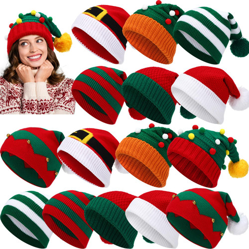 Suhine 16 Pcs Christmas Knitted Beanie Hat Winter Knitted Crochet Beanie Xmas Santa Hats Bulk Elf Hat Tree Hats Striped Warm Crochet Caps Holiday Knit Hat for Adults Kids