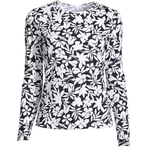 Lands' End Womens Long Sleeve Swim Tee Rash Guard Black Havana Floral Plus 2X