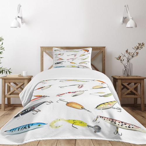 Lunarable Fishing Bedspread, Hook Set Tool Equipment Hand Gathering Sports Hobby Nautical Theme Art, Decorative Quilted 2 Piece Coverlet Set with Pillow Sham, Twin Size, Orange
