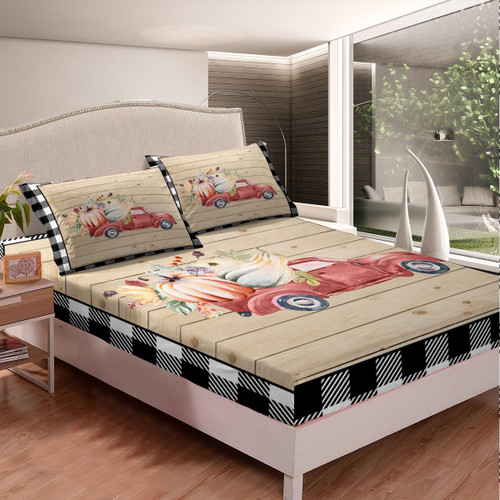 Fall Pumpkin Fitted Sheet Full Size Autumn Harvest Car Bedding Set for Kids Teens Adults Buffalo Check Bed Sheet Set Vintage Wood Plank Bed Cover Deep Pocket 3Pcs with 2 Pillow Cases
