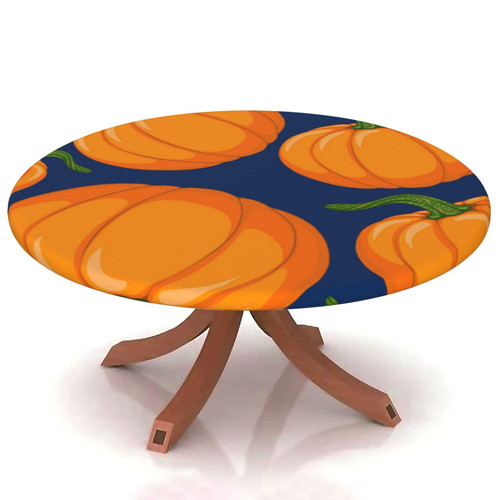 Thanksgiving Day Table Cloth Cover Elastic Edge,for 69" to 74" Round Tables,autumn pumpkin harvest illustration,Can Wipe Indoor/Outdoor Dining Table coverr festival holiday celebrate party,orange blue