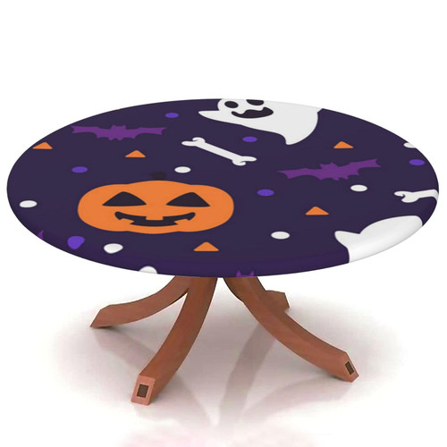 Yaofuren Halloween Table Cloth Cover Elastic Edge,for 69" to 74" Round Tables,Cartoon Holiday Background Pattern,Suitable for Festival Holiday Celebrate Party Can Wipe Dining Round Table coverr,Multi