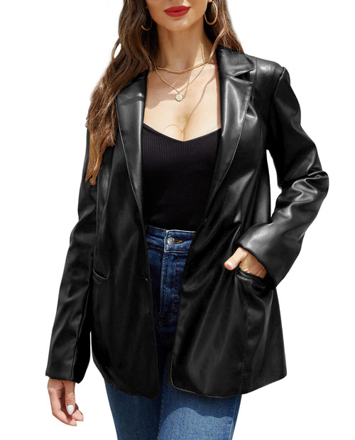 RISISSIDA Women Faux Leather Blazer Jacket Vegan Pleather Coat Black 21002 M