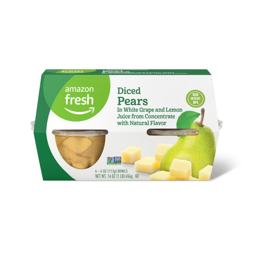 Amazon Fresh - Diced Pears in White Grape and Lemon Juice, 4-oz Bowls (Pack of 4) (Previously Happy Belly, Packaging May Vary)