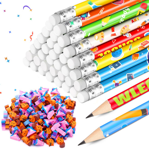 Yexiya 24 Pcs Welcome Back to School Pencils First Day of School Pencils and 24 Pcs Assorted Pencil Eraser Gift Back to School Supplies for Kids Children and Students Party Favors Classroom Rewards