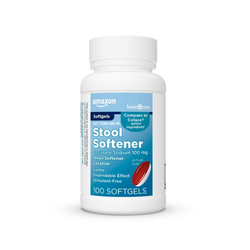 Amazon Basic Care Stool Softener Laxative, Docusate Sodium 100 mg, Softgels, For Constipation Relief, 100 Count
