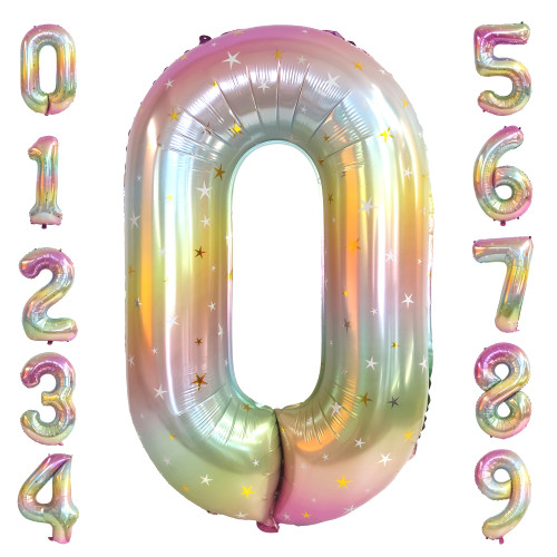 Number Balloon, Stars Rainbow Gradient Number Balloons 40 inch, Birthday Decorations for Girls Large Colorful Number Foil Helium Balloons