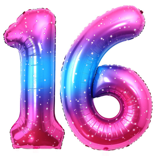 40 Inch 16 Balloon Number Starry 16th Birthday Anniversary Party Decorations Supplies for Girls Large Foil Mylar Number 61st Rainbow Giant Huge Helium Balloons Big Jumbo Rainbow Digital 16 Balloon
