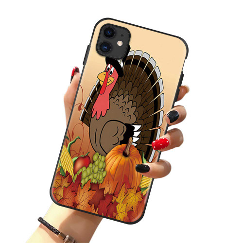 Turkey Case for iPhone 11, Fall Pumpkin Thanksgiving Turkey Corn Maple Leaf Case for Girls/Women Flexible Silicone Shockproof Drop Protection Case for iPhone 11 6.1 inch, Black Yellow