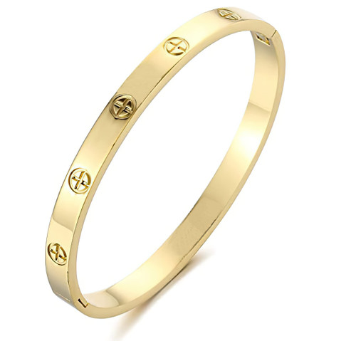 SIYUBABY 18K Gold Plated Friendship Love Bracelet Women Stainless Steel Cuff Oval Bangle Simple Hinged Bangle Jewelry(Gold)