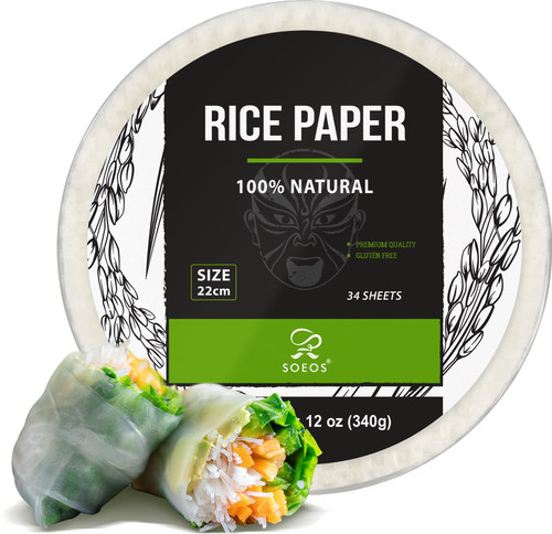 Soeos Rice Paper, White Rice Paper Wrappers, 1 Pack, 34 Sheets-Fresh Spring Roll Wrappers & Dumplings, Non-GMO, Gluten-Free, Low Carb, Vietnamese Rice Wraps (Round, 22cm)