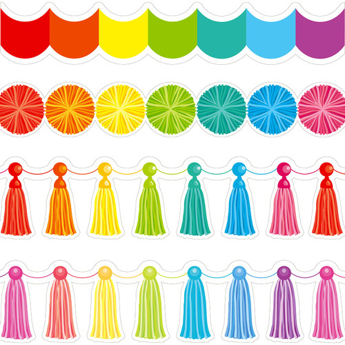Rainbows Die Cut Border Boho Bulletin Board Border Rainbow Bulletin Board Borders Poms Tassel Straight Borders for Back to School Classroom Chalkboard Decorations (Tassel, 63 Ft)