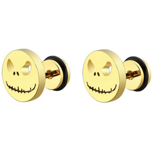 Stainless Steel Gothic Skull Cut Face Coktail Party Halloween Biker Stud Earrings (Gold)