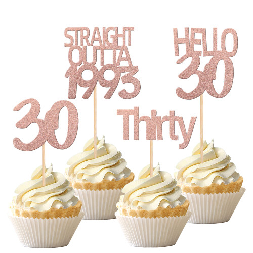 36PCS 30th Birthday Cupcake Toppers Glitter Thirty Hello 30 Straight Outta 1993 Cupcake Picks for Cheers to 30 Birthday Wedding Anniversary Party Cake Decorations Supplies Rose Gold