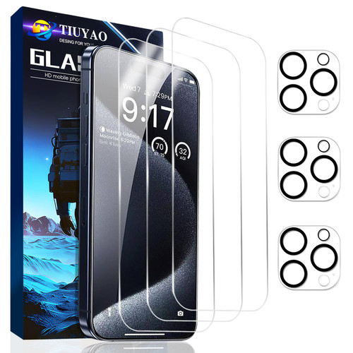 TIUYAO [3+3] 3 Pack Screen Protector for iPhone 15 Pro Max with 3 Pack Tempered Glass Camera Lens Protector, 9H Hardness HD Clear Tempered Glass Screen Protector for iPhone 15 Pro Max