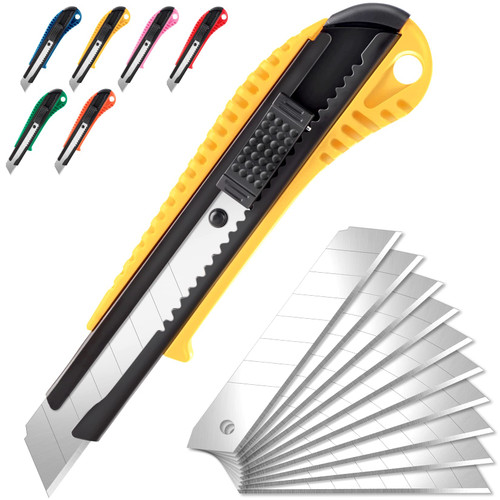 TIFICAL Box Cutter, 18MM Wide Blade Utility Knife for Boxes, Cartons, Cardboard, Box Cutter Retractable Perfect for Office, Home, School, Crafts Use, Self-Lock Box Knife 10 Blades Included (Yellow)