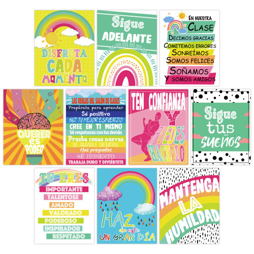 10 Spanish Classroom Decorations, Motivational Posters for Classroom, Inspirational and Educational Posters for Teachers, Classroom Rules Wall Decor Poster, Growth Mindset Bulletin Board and Wall Decor for Pre School, Elementary & Middle & High Schoo