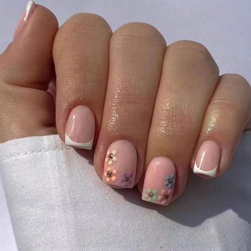 Press on Nails Short White French Tip Fake Nails Square False Nails with Flower Designs Glossy Acrylic Nails Full Cover Glue on Nails Cute Nude Stick on Nails for Women, 24Pcs Press on Nails Short White French Tip Fake Nails Square False Nails with Flower Designs Glossy Acrylic Nails Full Cover Glue on Nails Cute Nude Stick on Nails for Women, 24Pcs