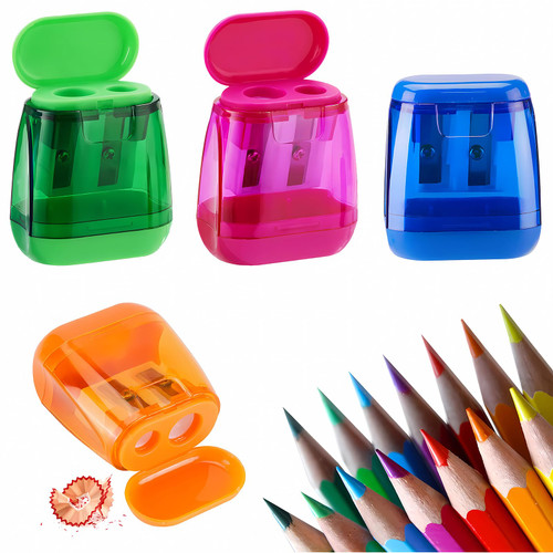 Farowu Pencil Sharpeners, Manual Colored Hand Held Pencil Sharpener for Kids, 4 Pcs Dual Holes Small Pencil Sharpener with Lid School Office Home Supplies