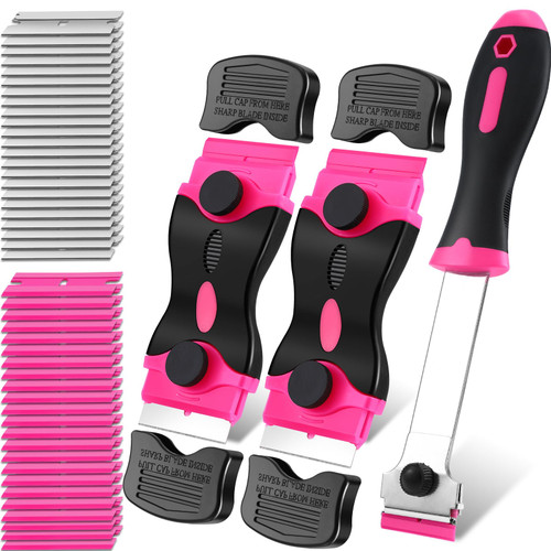 AHFLRITO 3 Pack Razor Blade Scraper, Premium Razor Scraper Tool, Glass Scraper for Windows with 50 Metal & Plastic Razor Blades, Scraper Utility Knife for Cleaning Cooktop, Decals, Glass Top Stove